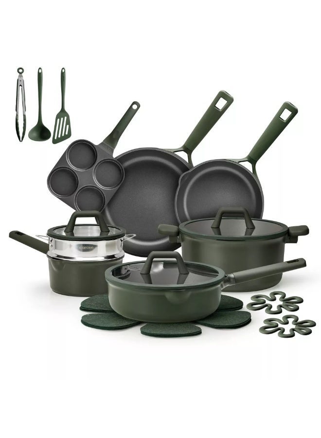 كاروت طقم أواني كاروت 21 قطعة غير لاصق لطهي صحي خالٍ من PFOA، يضم مقالي وقدر طهي ومقلاة تشويح وكسرولة وقدر بخارية ومقلاة 4×1، متوافق مع جميع المواقد وآمن لغسالة الصحون (أخضر داكن) - Image 1